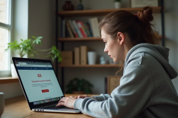 Femme frustrée devant un écran d'ordinateur affichant une erreur de site web inaccessible