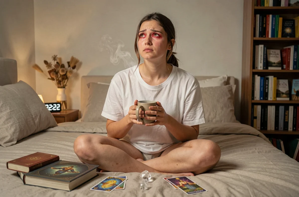Jeune femme en pleurs contemplant l'heure 22h22 entourée d'outils spirituels, nuit noire de l'âme du chaser flamme jumelle