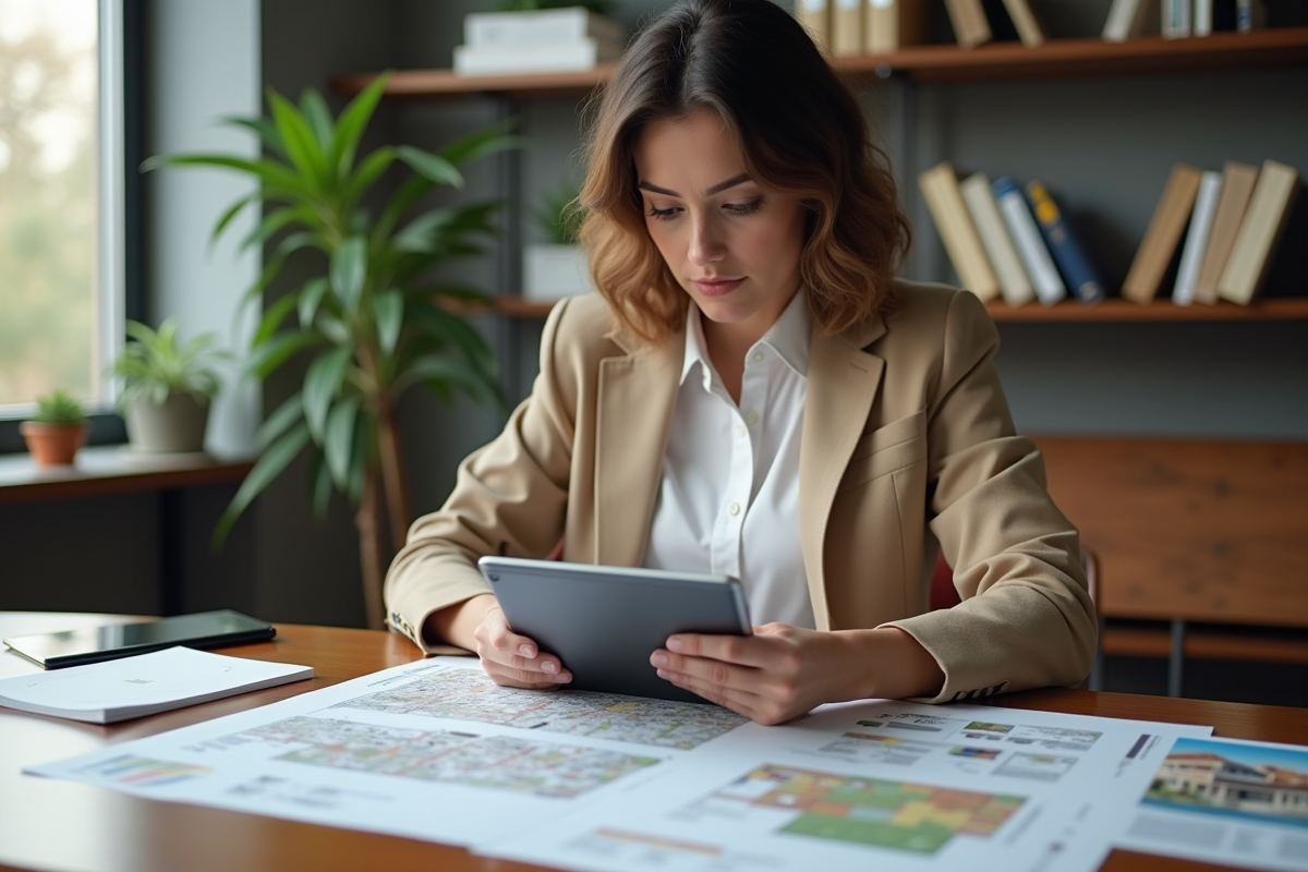 Jeune femme en blazer analysant des documents immobiliers