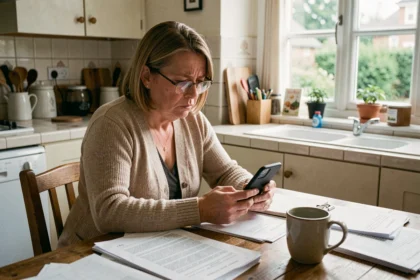 Femme inquiète regardant un appel entrant avec indicatif international +44 sur son smartphone à la maison