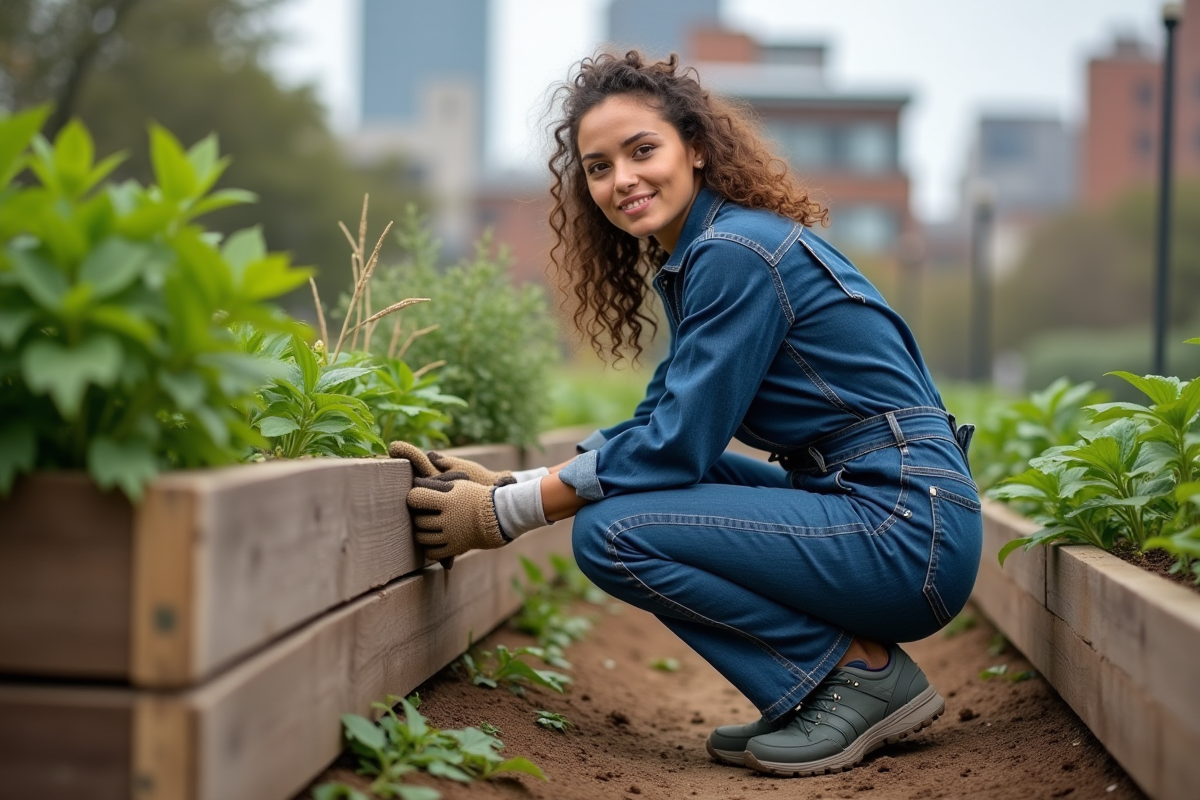 Femme en salopette denim dans un jardin communautaire