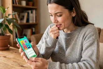 Femme jouant à 4 images 1 mot sur smartphone avec solution de 5 lettres affichée