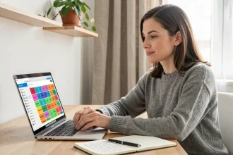 Femme concentrée devant un jeu de mots sur ordinateur portable à son bureau à domicile