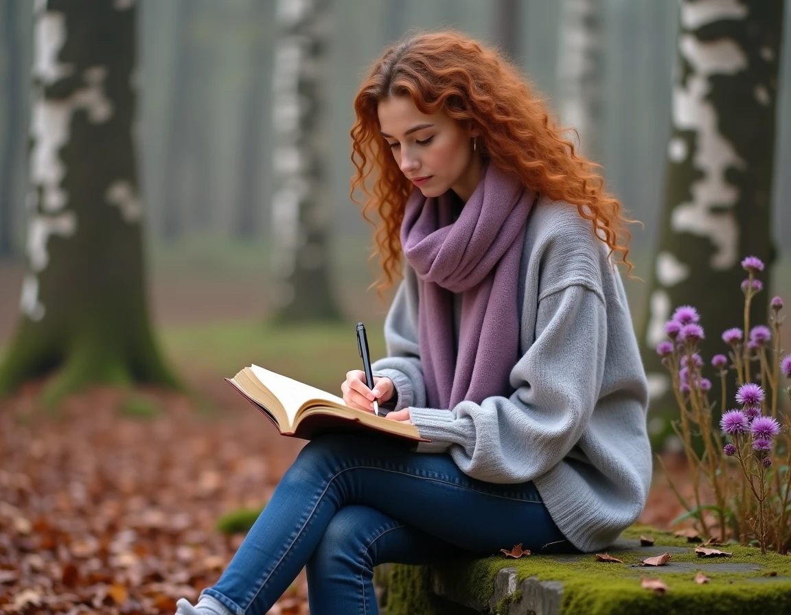 Jeune femme écrivant dans un journal en forêt automnale portant une écharpe violette, évoquant les émotions profondes associées à l'aura violette