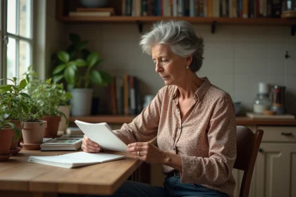 Femme lisant des paroles de chanson dans une cuisine chaleureuse