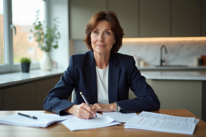 Femme d'âge moyen lisant des documents de prêt immobilier