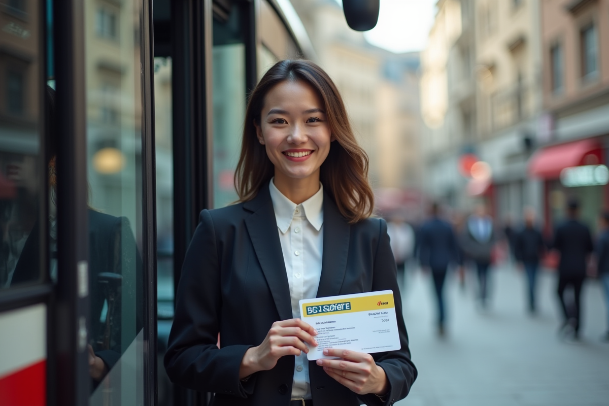 Femme souriante avec licence BCDE près d