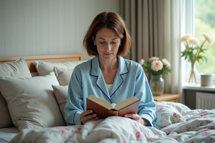 Femme d'âge moyen lisant dans un lit cosy