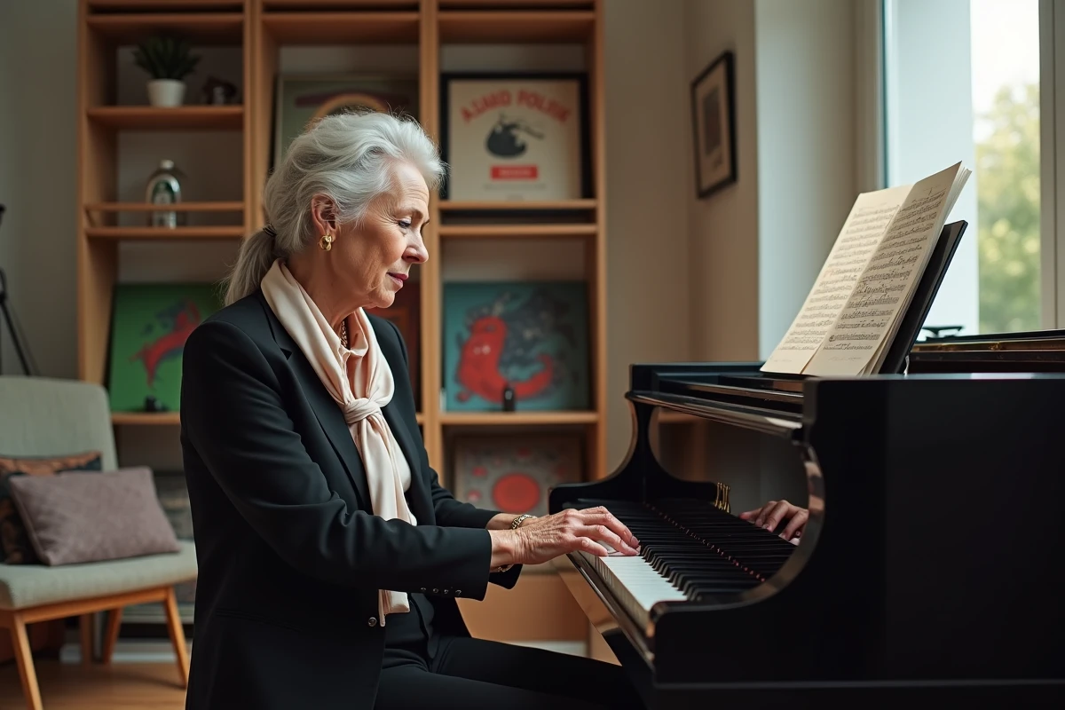 Femme italienne mature jouant du piano dans un studio moderne