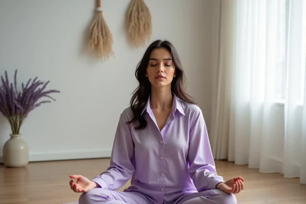 Femme en méditation portant un haut lilas, assise sur un tapis violet dans un espace minimaliste, illustrant la signification émotionnelle de l'aura violette