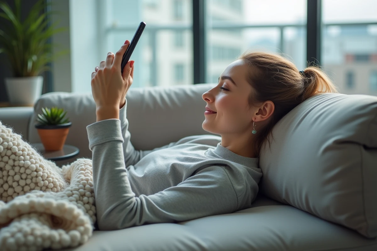 Femme allongée sur un canapé lisant des messages sur son téléphone avec un sourire tendre