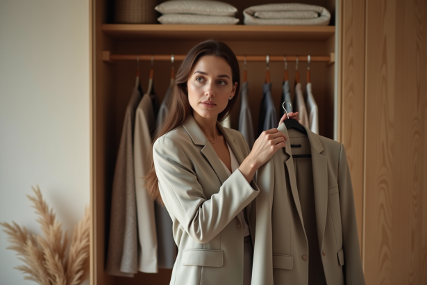 Femme examinant une armoire minimaliste dans une chambre chaleureuse
