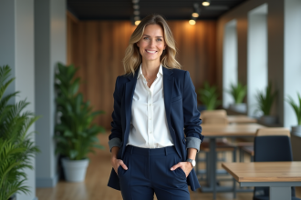 Femme d'affaires souriante en tenue professionnelle moderne