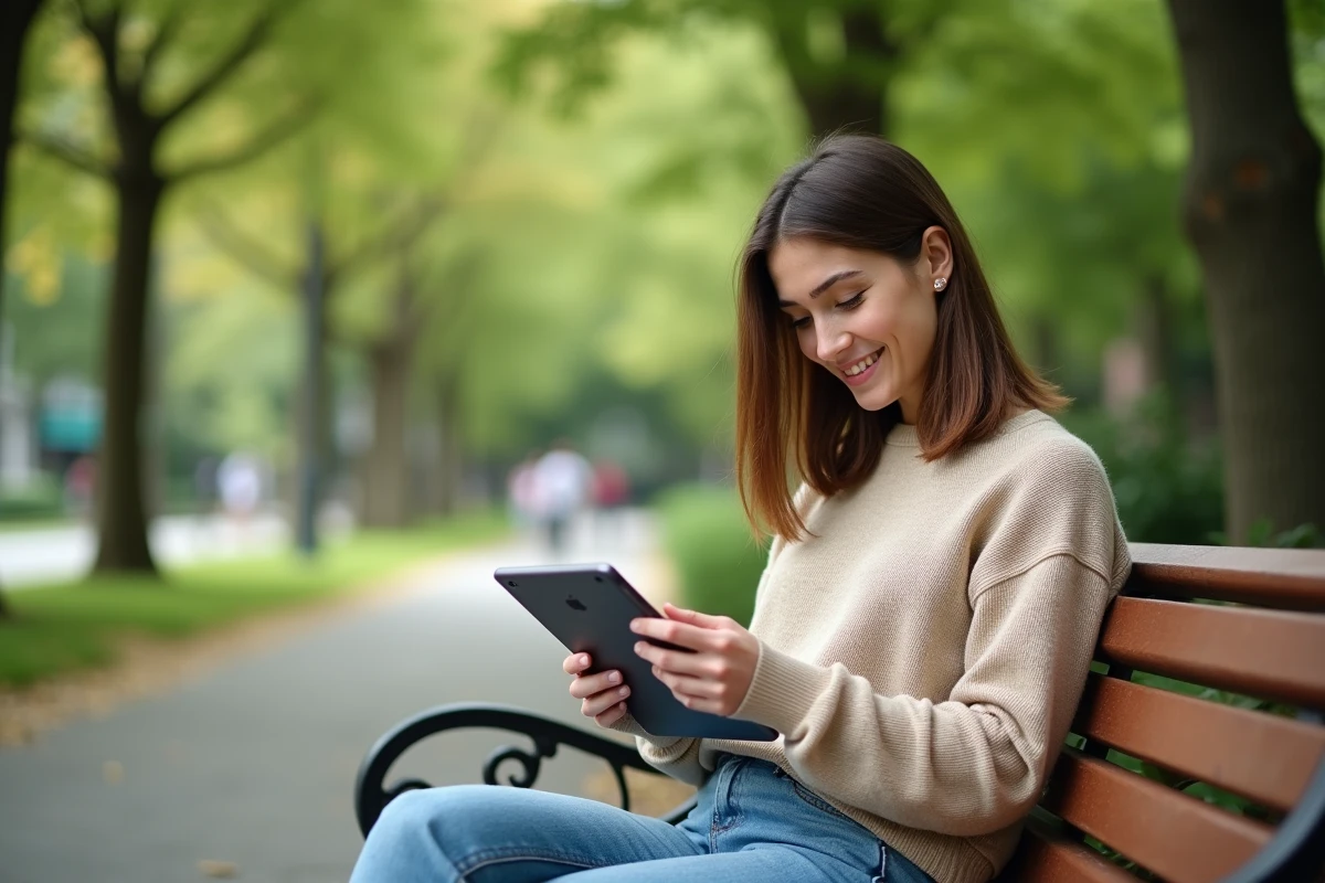 Jeune femme dans un parc regardant ses notes sur tablette