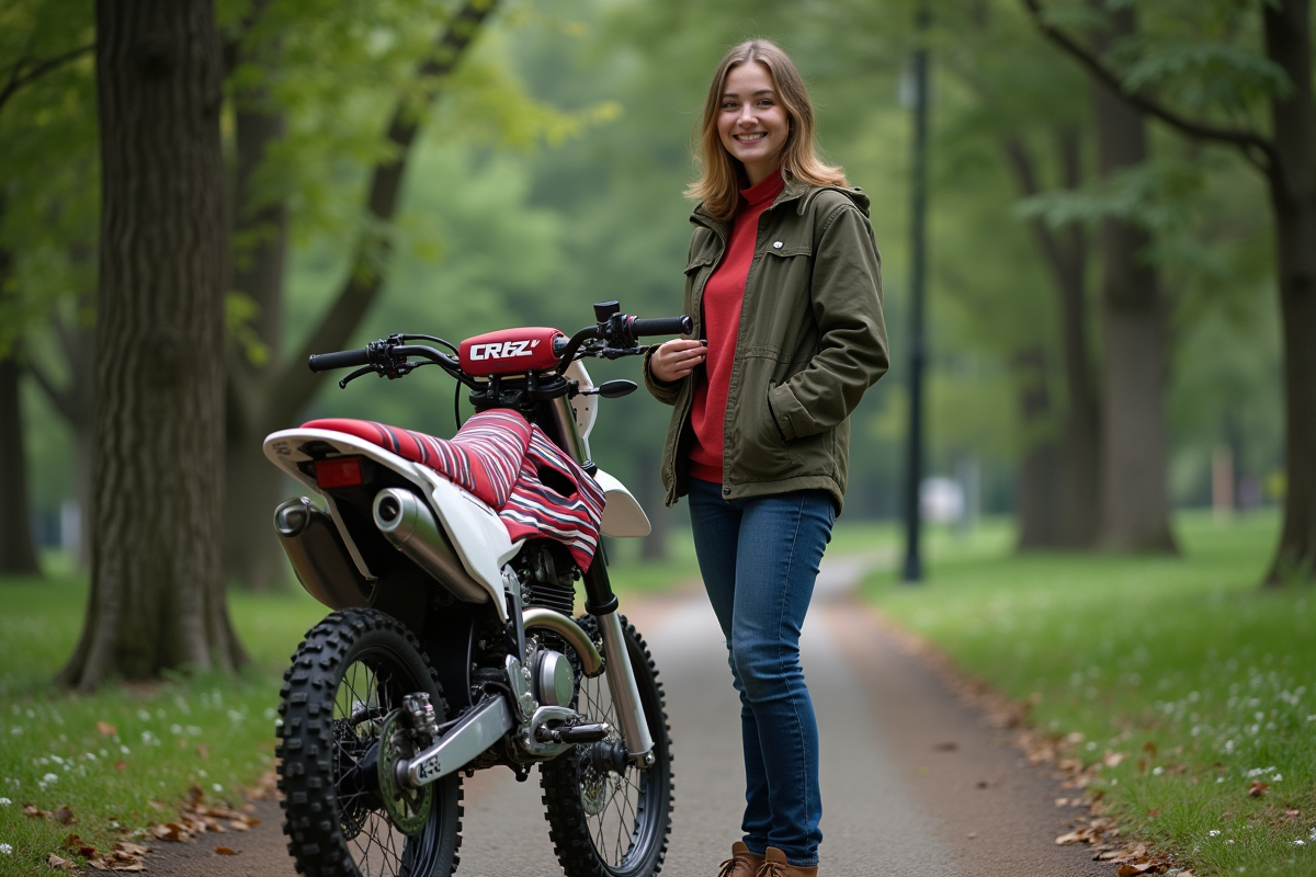 Femme posant un couvre-selle personnalisé sur sa moto CRZ 125 dans un parc