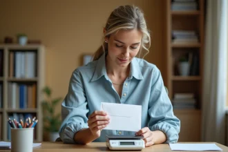 Femme pesant une enveloppe sur une balance postale pour vérifier le bon affranchissement d'un timbre
