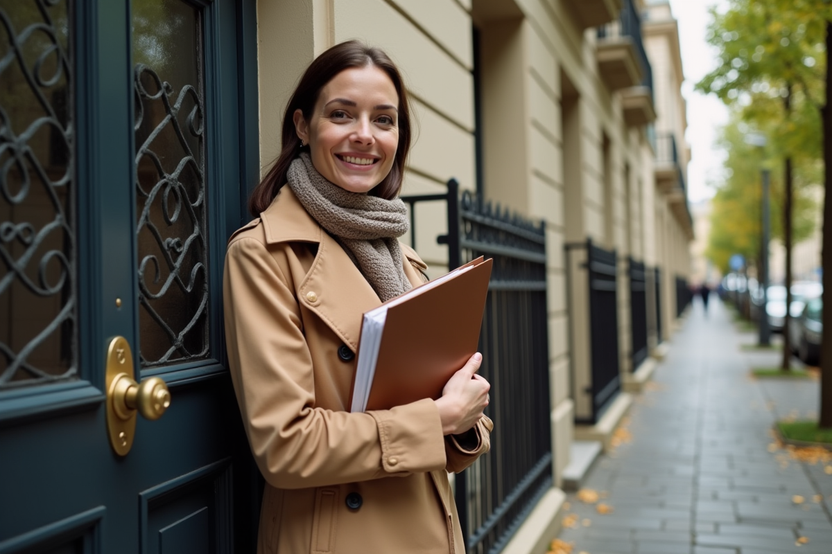 Jeune femme devant une maison en pierre en tenant un dossier immobilier