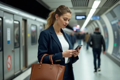 Femme professionnelle sur le quai de la Ligne 14 du métro parisien consultant son téléphone pour choisir son arrêt de travail