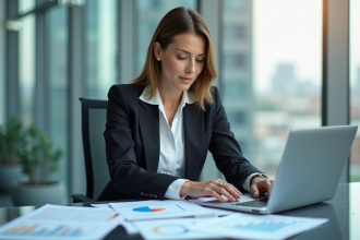 Femme professionnelle en bureau moderne avec graphiques
