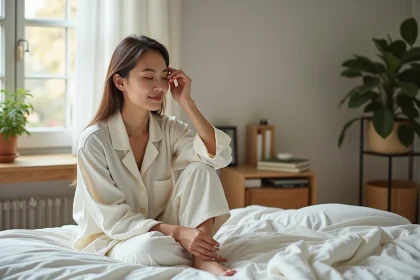 Femme en pyjamas dans un lit lumineux et cosy