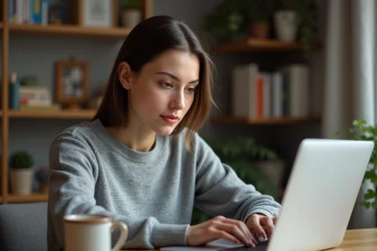 Femme cherchant le mot de passe Codycross du jour sur son ordinateur portable dans un bureau à domicile