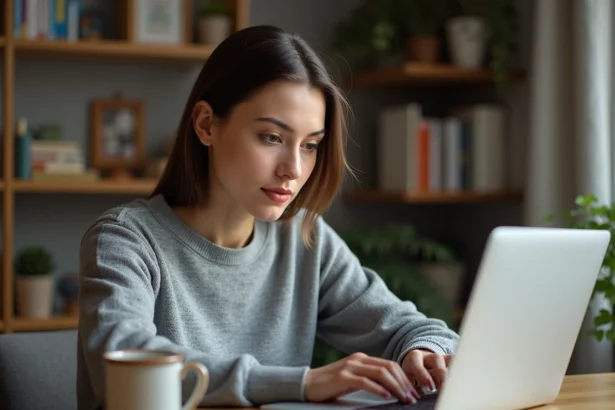 Femme cherchant le mot de passe Codycross du jour sur son ordinateur portable dans un bureau à domicile