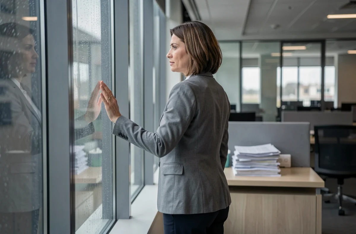 Femme pensive devant une fenêtre pluvieuse dans un bureau, symbolisant la réflexion sur la loyauté et la trahison