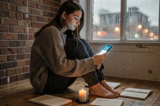 Femme seule contemplant le numéro 2222 sur son téléphone dans un appartement intimiste, nuit noire de l'âme flamme jumelle