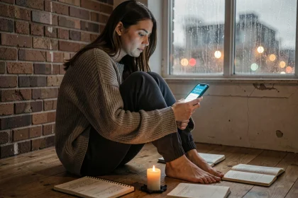 Femme seule contemplant le numéro 2222 sur son téléphone dans un appartement intimiste, nuit noire de l'âme flamme jumelle