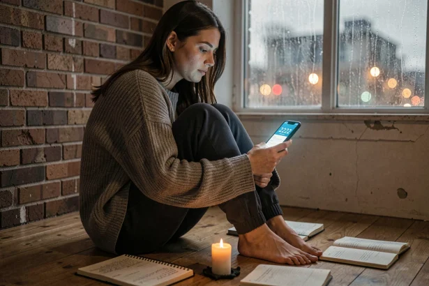 Femme seule contemplant le numéro 2222 sur son téléphone dans un appartement intimiste, nuit noire de l'âme flamme jumelle