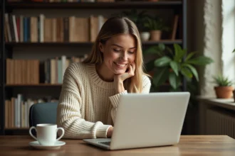Femme souriante devant son ordinateur portable cherchant des signes d'amour en ligne