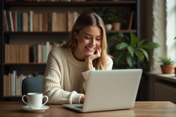 Femme souriante devant son ordinateur portable cherchant des signes d'amour en ligne