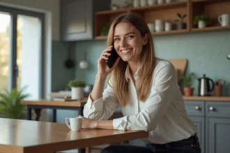 Femme au téléphone dans une cuisine moderne et lumineuse