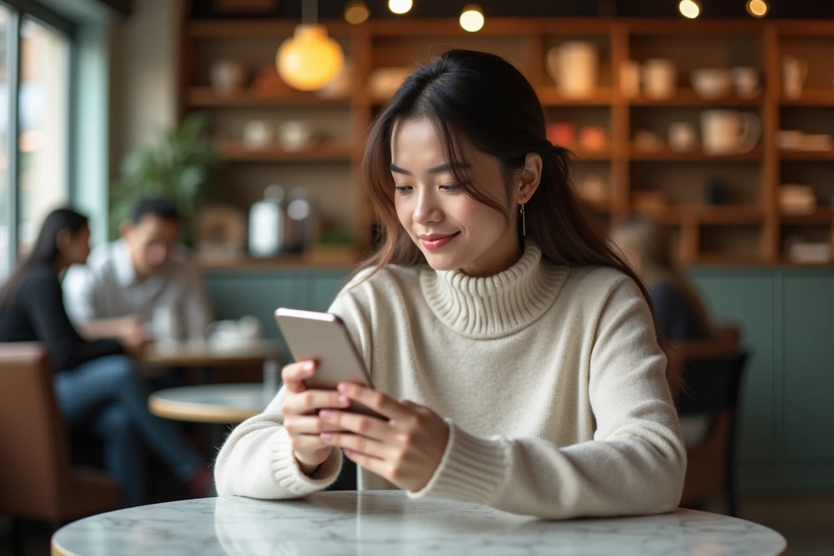 Femme consultant son téléphone dans un café parisien, réaction sur les réseaux sociaux, photo éditoriale