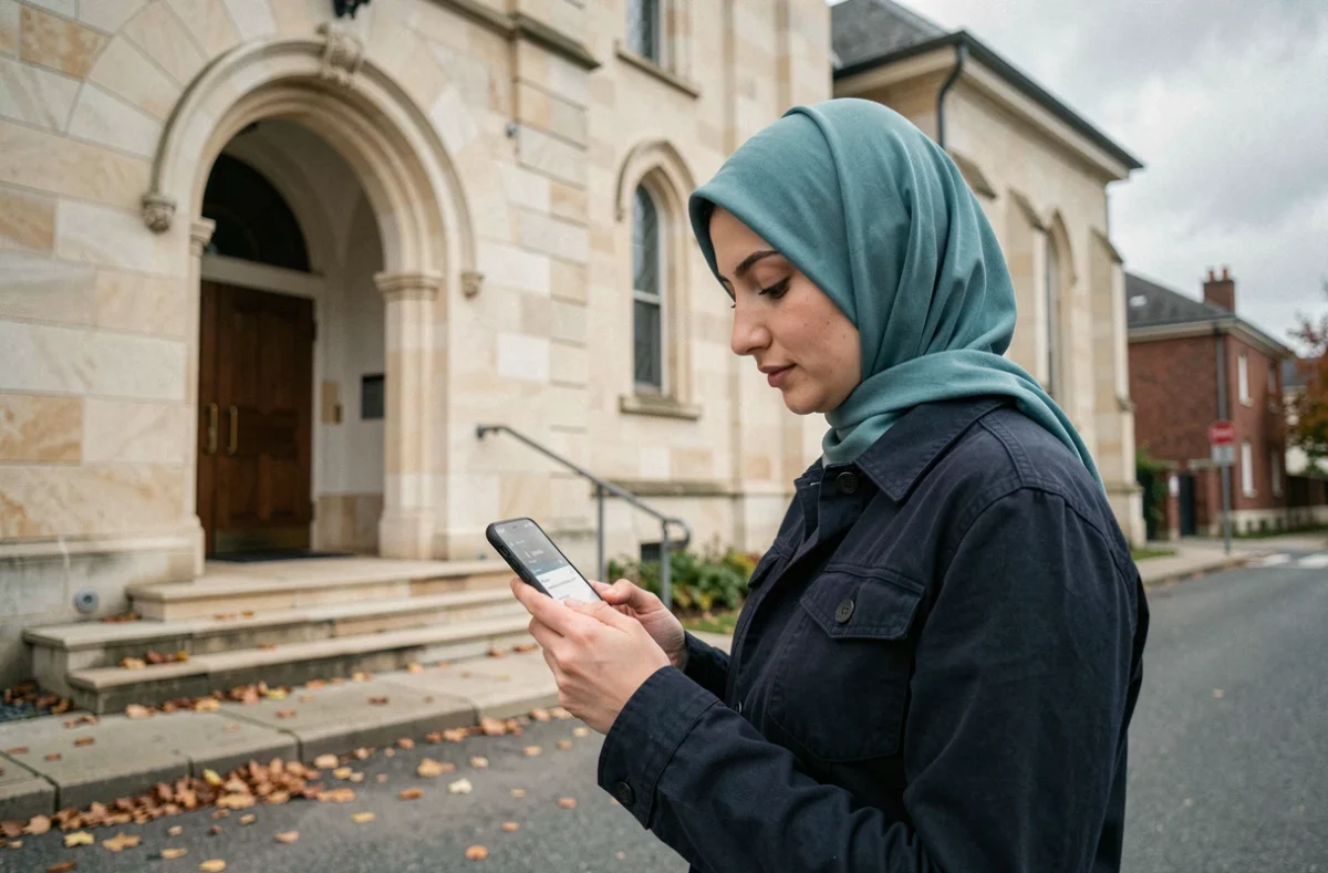 Femme consultant les horaires de prière sur smartphone devant une mosquée à Argenteuil