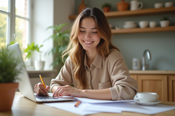 Jeune femme souriante à la cuisine avec ordinateur et documents