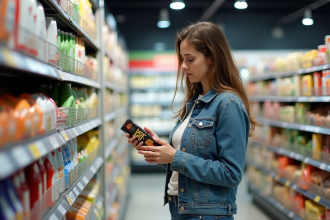 Femme en supermarché examine un prix avec réflexion