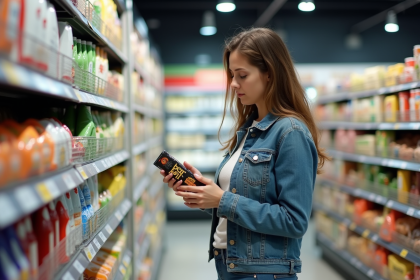Femme en supermarché examine un prix avec réflexion