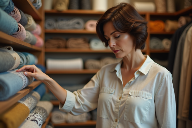 Femme d'âge moyen touchant des tissus dans une boutique chaleureuse