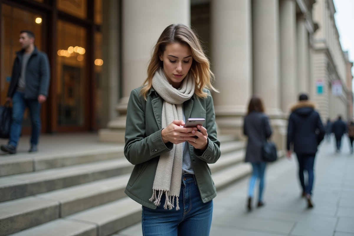 Jeune femme dehors regardant son smartphone dans la ville