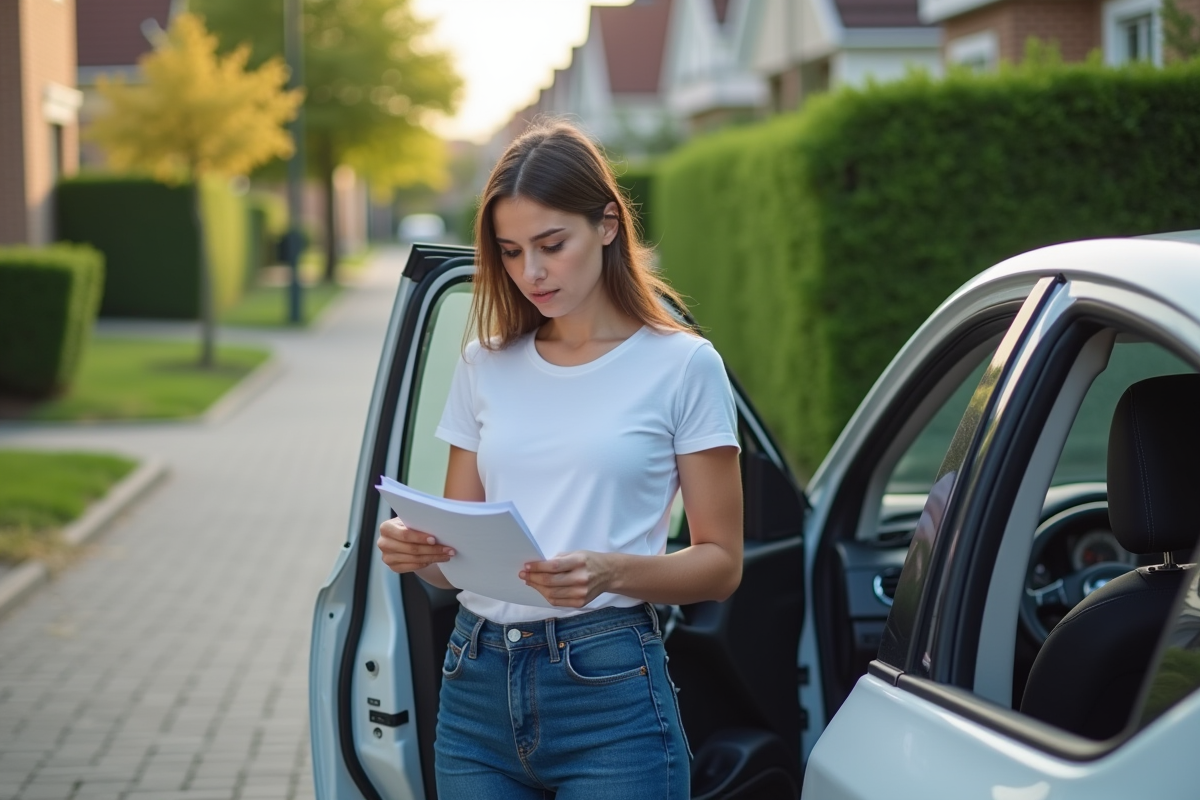 Femme regardant le manuel de la voiture à l