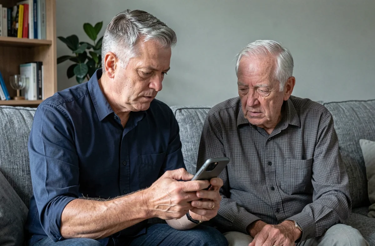 Un homme expliquant à son père âgé comment reconnaître une arnaque téléphonique au numéro 02 70 sur un smartphone