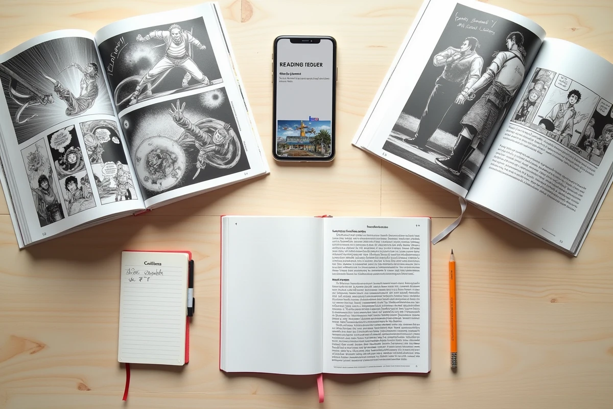 Vue de dessus d'une table avec des volumes de manga Black Clover ouverts, un smartphone avec une application de lecture et un guide de lecture manuscrit