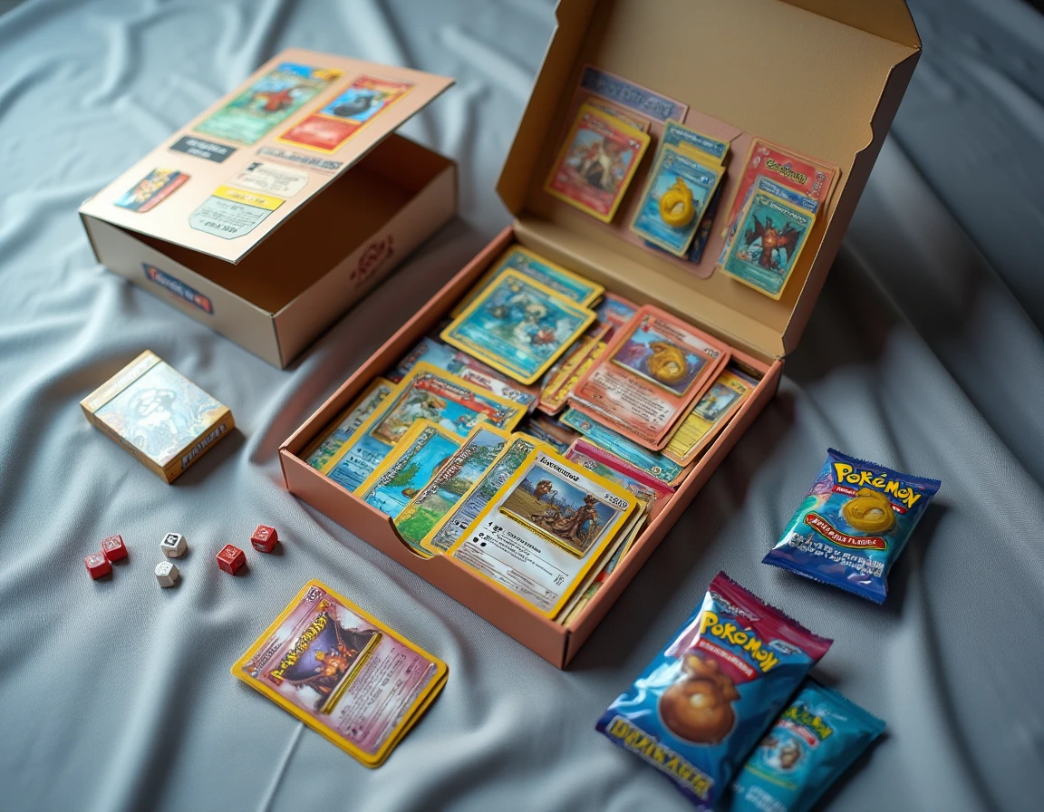 Vue aérienne d'un ETB Aventure Ensemble ouvert avec toutes les cartes rares et accessoires étalés sur une surface en lin gris