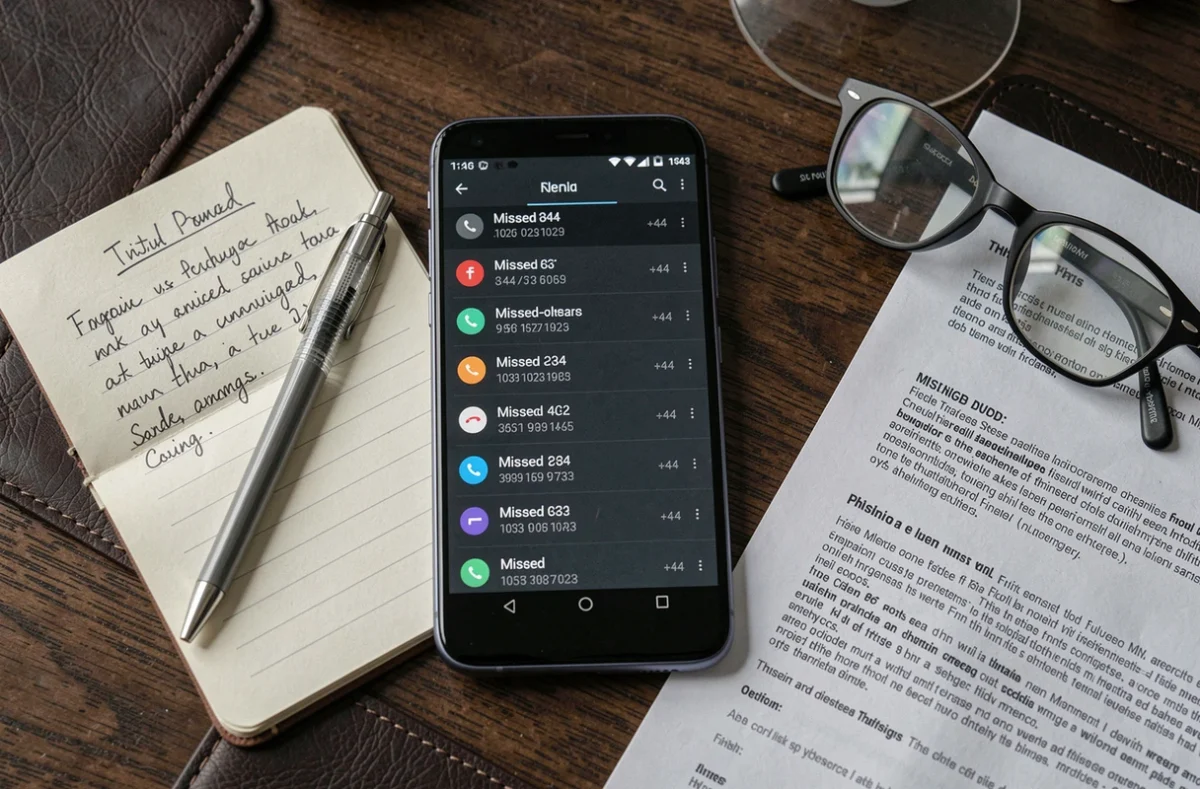 Vue aérienne d'un téléphone affichant des appels manqués avec indicatif +44 entouré de notes sur une arnaque téléphonique