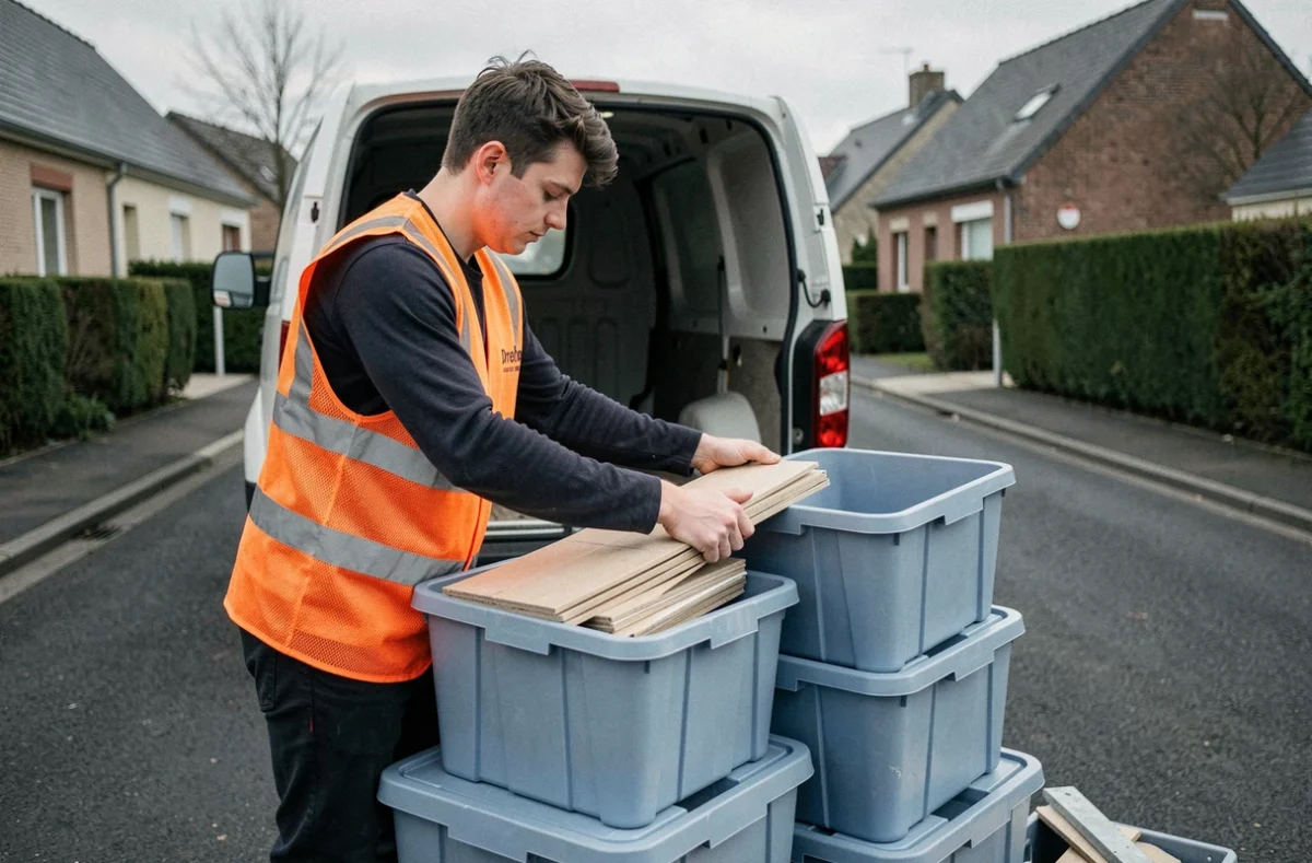 Déménageur Flexmove Service chargeant un van de déménagement dans une rue résidentielle de Dreux