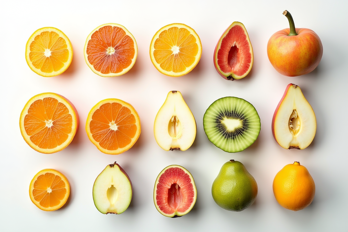 Fruits et légumes tranchés et entiers avec L sur surface blanche