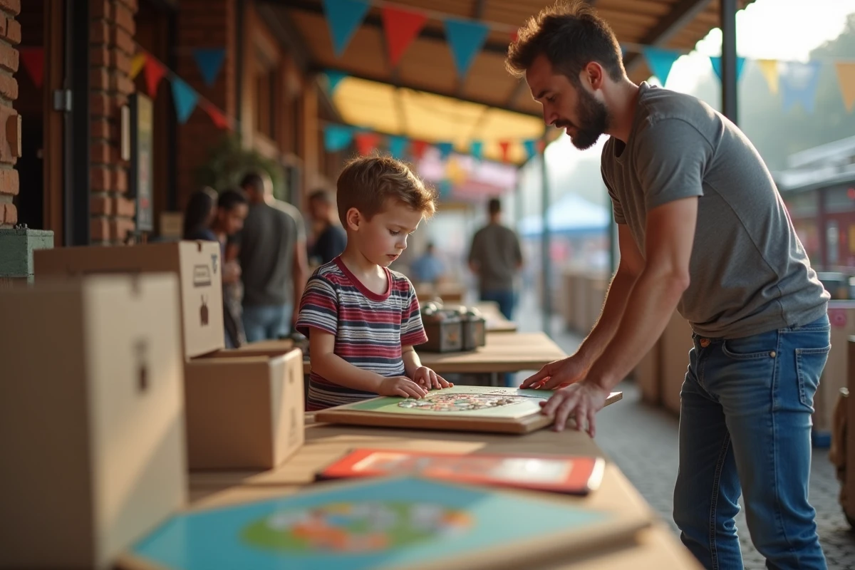 Garçon examinant un jeu de société vintage au marché