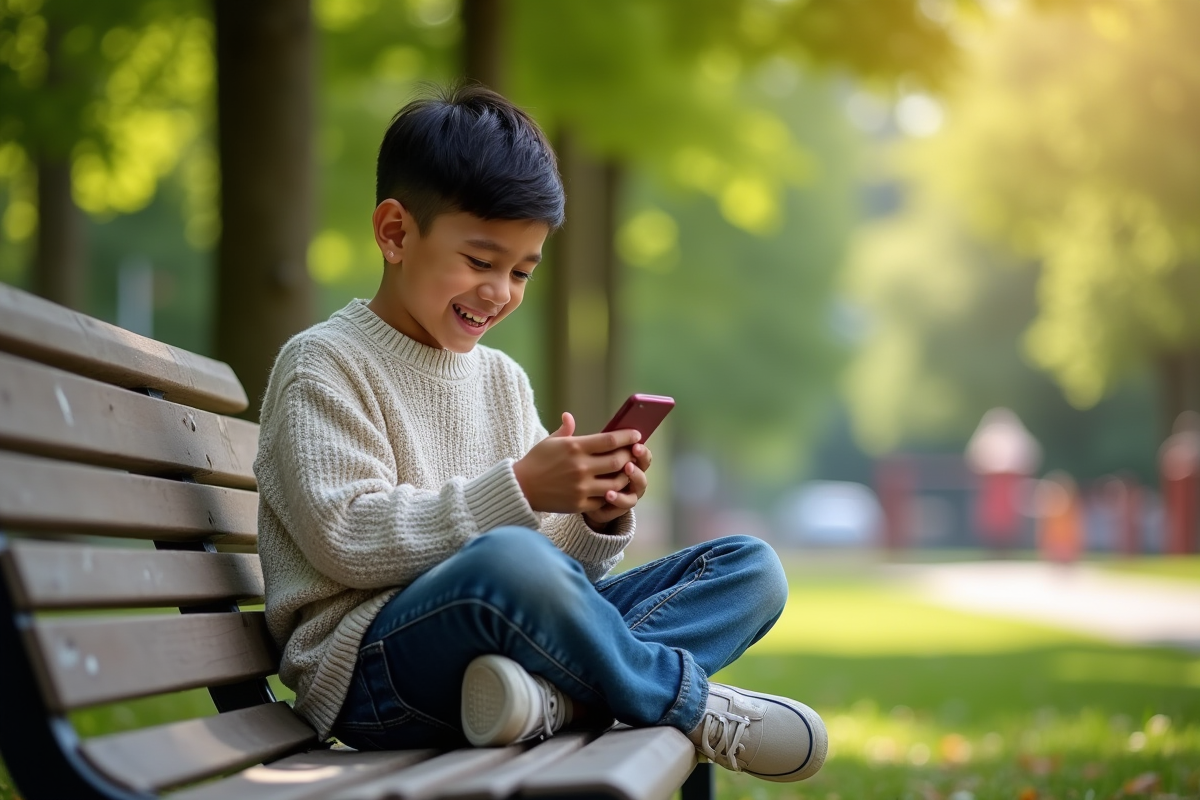 Jeune garçon assis sur un banc dans un parc urbain ensoleille