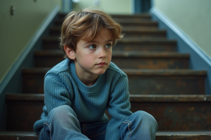 Jeune garçon assis seul sur une marche d'école contemplatif